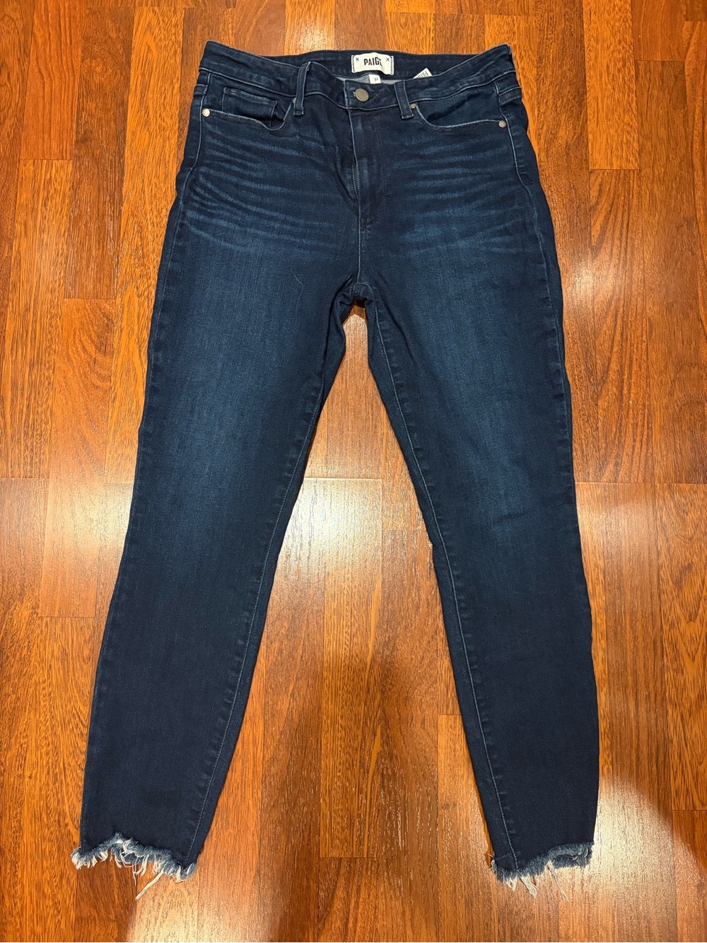 PAIGE Dark Blue Ankle Crop Skinny Jeans with Frayed Hem